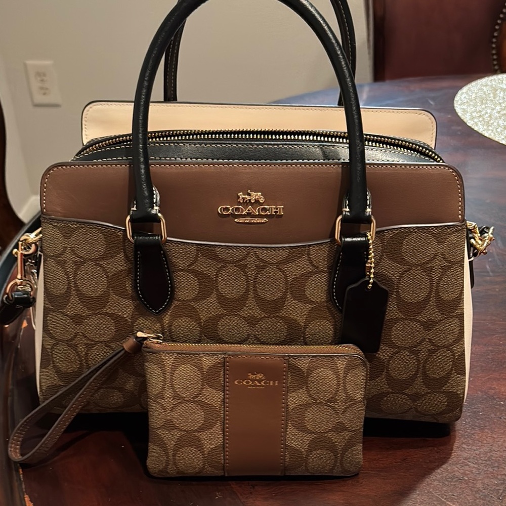 Coach Signature Brown Handbag and Wristlet Set